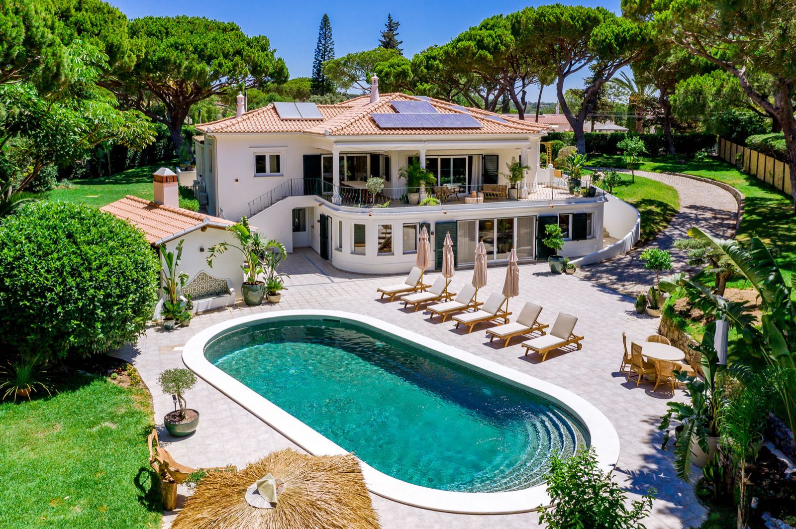 Aerial view of the villa, pool and garden estate