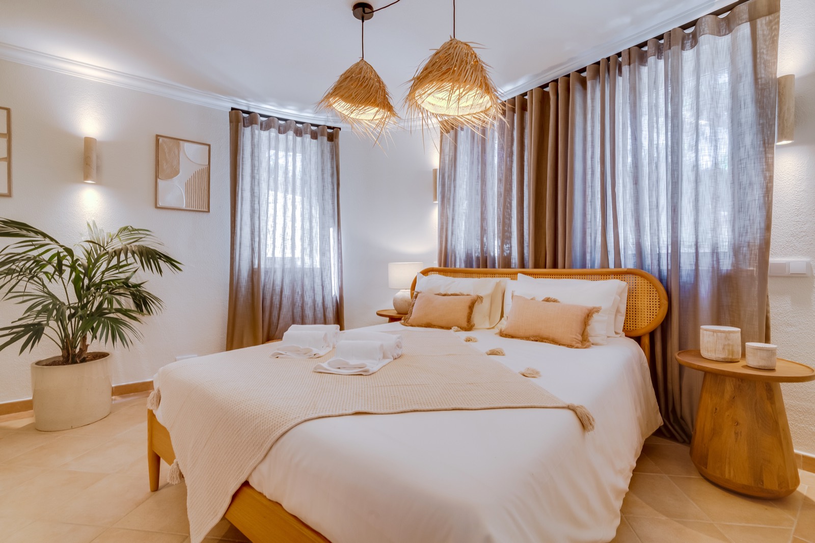 Bedroom with relaxed boho styling and soft textures