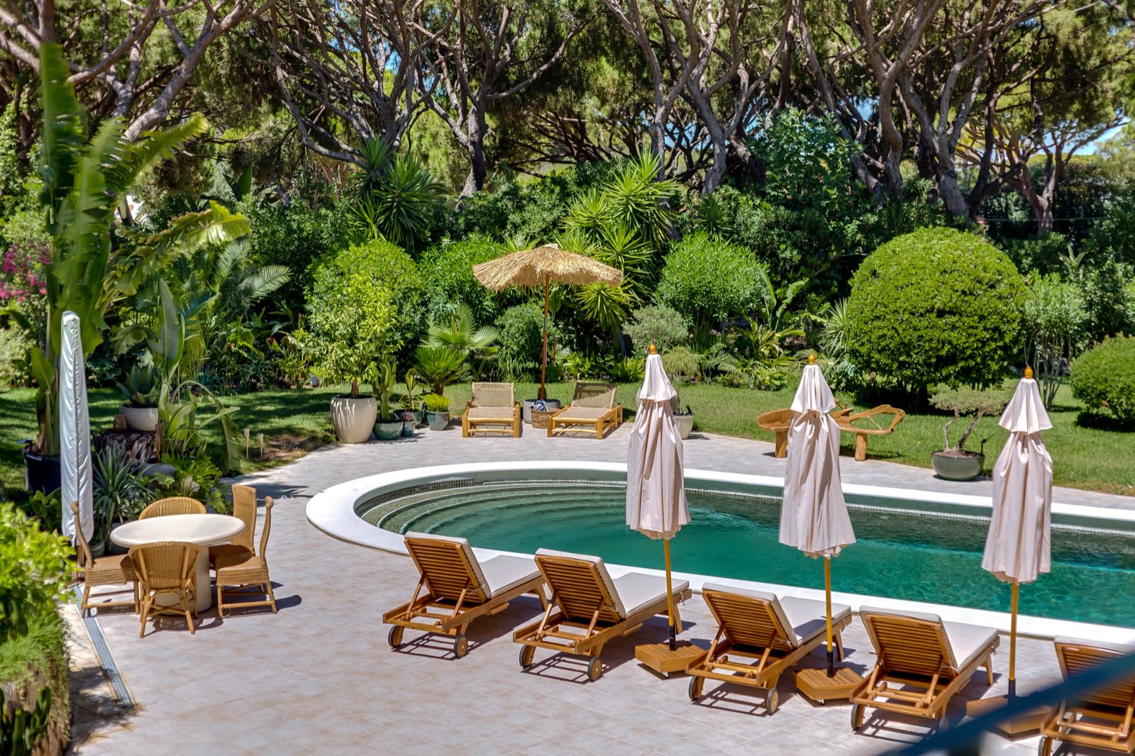 Overview of the pool and surrounding outdoor terrace