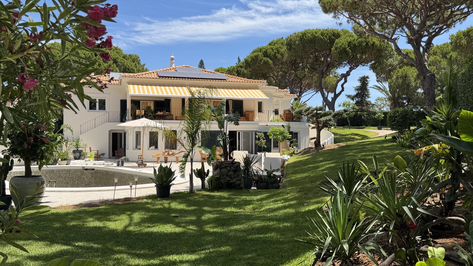The white villa seen across the lawn and flowering garden in bright sun